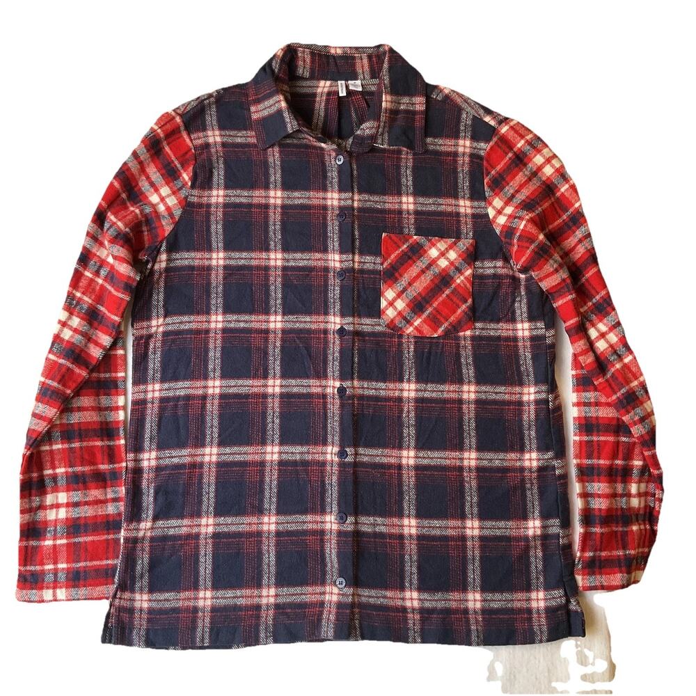 Nordstrom Men Button Up Shirt M Navy Plaid Flannel Western Long Sleeve Cotton